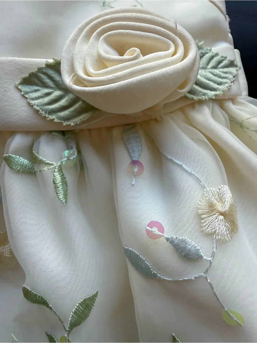 Ivory Floral Embroidered Doll Dress with Rosette